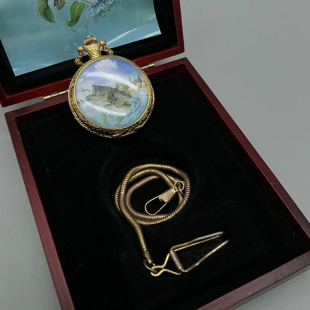 Largemouth Bass Pocket Watch Men 46mm Gold Tone Full Hunter Chain New Battery